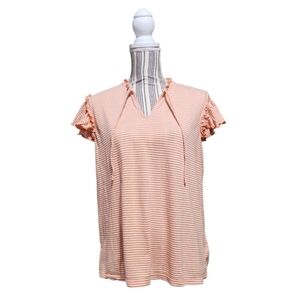 Chaps Layered Ruffled Sleeve Orange & White Striped Top Size (L)